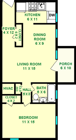 Kestrel One Bedroom floorplan shows roughly 585 square feet, with a kitchen, dining room, living room, bedroom, bathroom and porch.