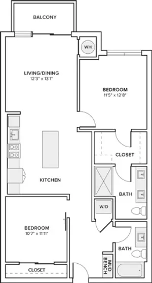 1029 square foot two bedroom two bath apartment floorplan image