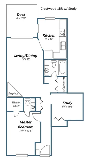 1-bed, 1.5 bath with study & fireplace