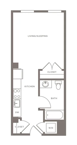 Chic studio floor plan showcasing an open-concept living/sleeping area, modern kitchen, and bathroom with ample closet space.