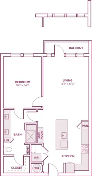 792 square foot one bedroom one bath apartment floor plan in Houston, TX