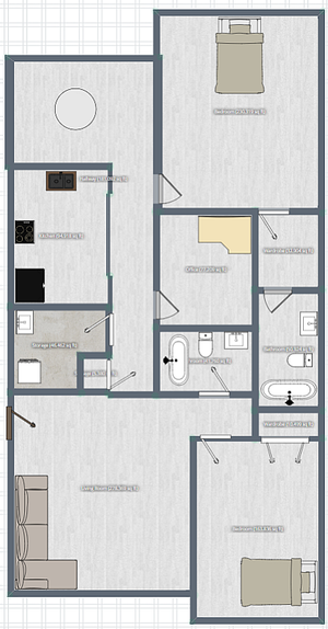 Elegant floor plan showcasing 3 bedrooms, a bright living room, and a modern kitchen, optimized for comfort and style.