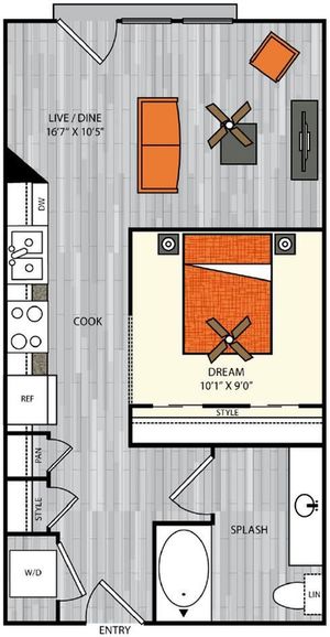 Studio apartment with combination living/dining area and 558 sq ft