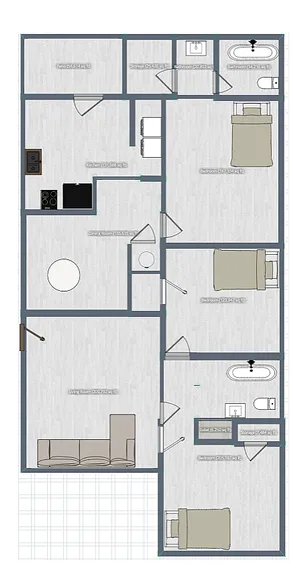 Chic apartment floor plan featuring 3 bedrooms, a spacious living room, modern kitchen, and two elegant bathrooms.