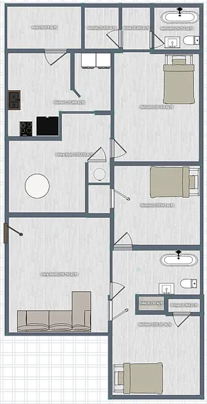 Chic floor plan featuring 3 cozy bedrooms, a generous living area, open dining space, and modern kitchen layout.