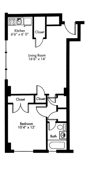 Charming 1-bedroom apartment floor plan with a spacious living room and compact kitchen.