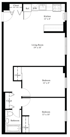 Chic floor plan illustrating a 2-bedroom apartment with a spacious living room, modern kitchen, and ample closet space.