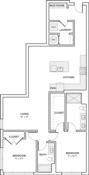 1339 square foot two bedroom two bath apartment floorplan image