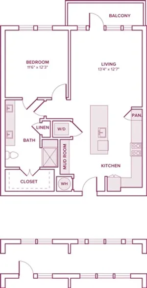 806 square foot one bedroom one bath apartment floor plan in Houston, TX