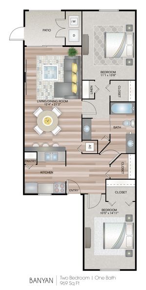Banyan two-bedroom, one-bath floor plan with patio and kitchen, 969 sq ft.