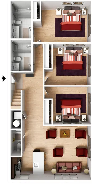Contemporary floor plan showcasing 3 inviting bedrooms, a stylish open-concept living area, and a modern kitchen, perfect for urban living.