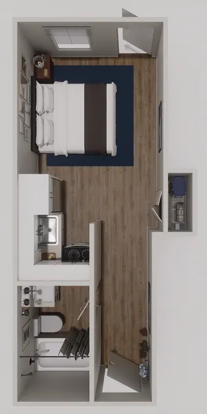 Contemporary studio apartment floor plan showcasing a cozy bedroom, compact kitchen, and elegant bathroom with wood flooring.