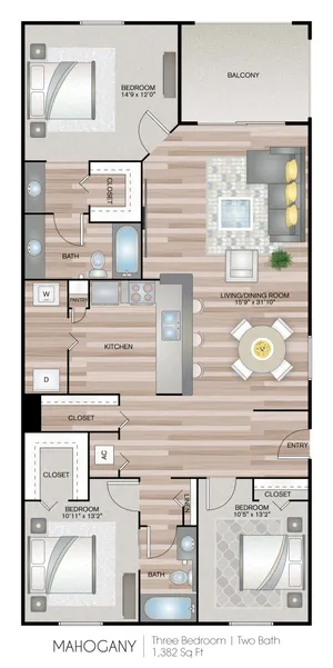 Mahogany floor plan depicting a spacious three-bedroom, two-bathroom apartment with a balcony and open living/dining area.