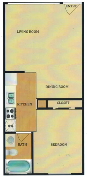 Modern floor plan showcasing a sleek 1-bedroom apartment with spacious living room, efficient kitchen layout, dedicated dining area, and stylish bath.