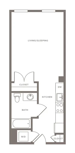 Modern studio apartment floor plan showcasing open living and sleeping area, stylish kitchen, and convenient bath.