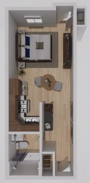 Elegant studio apartment 3D floor plan with a cozy bedroom, compact kitchen, dining area, and modern bathroom.