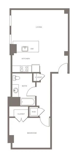 Modern floor plan with 1 bedroom, 1 bathroom, spacious living room, sleek kitchen, closets, and in-unit laundry.