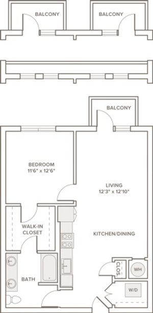719 to 825 square foot one bedroom one bath apartment floorplan image