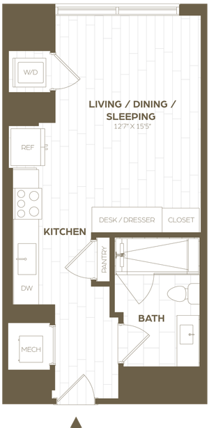 Modern studio floor plan with open living, dining, sleeping area, stylish kitchen, bath, and pantry.