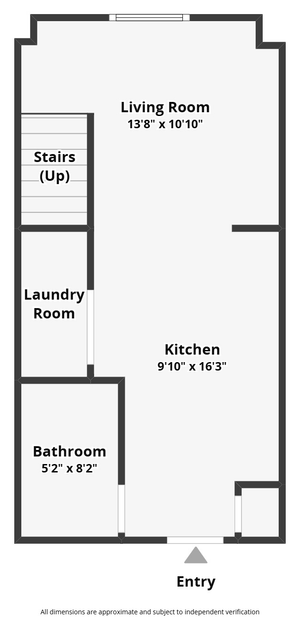 Modern floor plan featuring a spacious living room, open kitchen, and convenient laundry area with an entry-level bathroom.