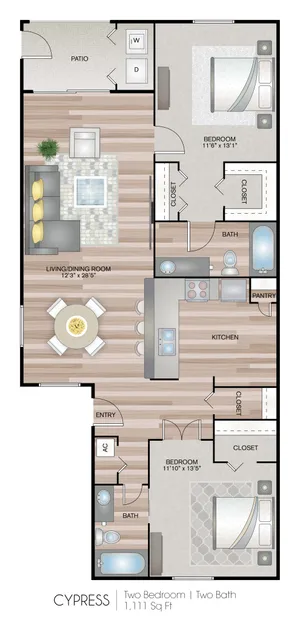 Cypress floor plan illustrating a two-bedroom, two-bathroom apartment with a spacious living/dining area, kitchen, and patio, covering 1,111 sq ft.