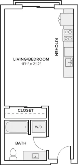 511-529 square foot studio one bath apartment floor plan in Seattle, WA