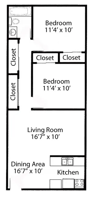 Efficient 2D floor plan featuring two bedrooms, a spacious living room, and a functional kitchen with adjacent dining area.