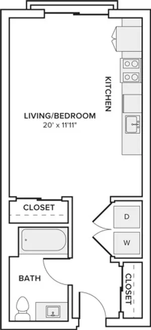 513 square foot studio one bath apartment floor plan in Seattle, WA