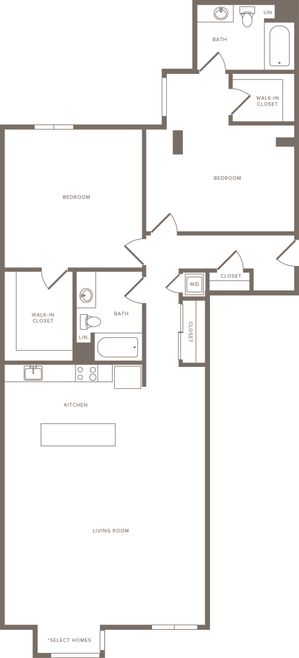 1,516-1,718 square foot two bedroom two bath apartment floorplan image