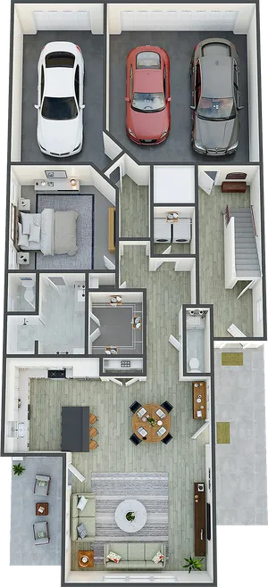 Elegant 3D floor plan with three-car garage, cozy bedroom, contemporary kitchen, and spacious living area featuring modern decor.