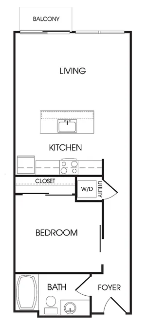 Modern apartment floor plan featuring one bedroom, a spacious living area with balcony, open kitchen, and convenient bath with foyer.
