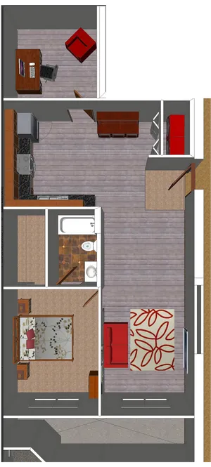 Modern 2D floor plan showcasing a thoughtfully designed apartment with an open living and dining area, sleek kitchen, cozy bedroom, and a spacious bathroom.