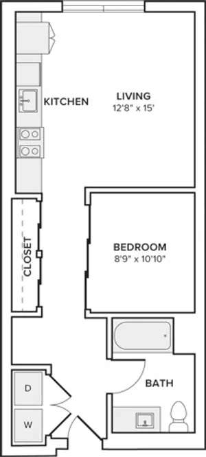 603 square foot one bed one bath floor plan in Seattle, WA