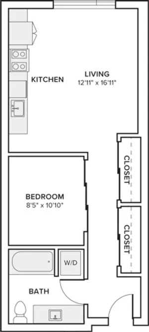 616 square foot one bed one bath floor plan in Seattle, WA