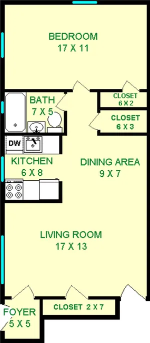 Cedar One Bedroom floorplan shows roughly 630 square feet, with a bedroom living room, bathroom, dining area, kitchen, foyers and closet.