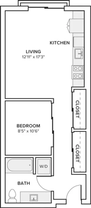 609 square foot one bed one bath floor plan in Seattle, WA