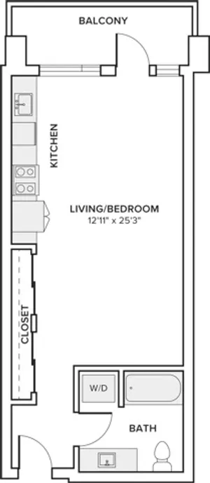 562 square foot studio one bath apartment floor plan in Seattle, WA