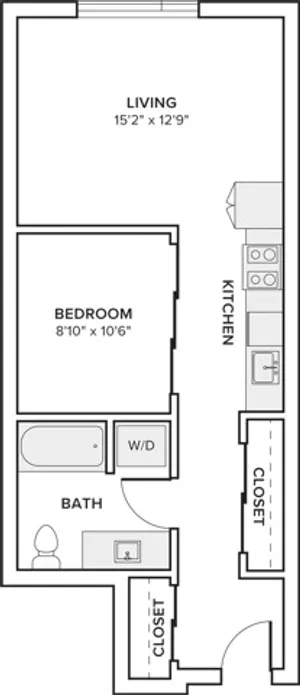 588-664 square foot one bedroom one bath apartment floorplan in Seattle, WA