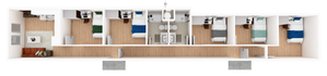 Modern floor plan showcasing five cozy bedrooms, a stylish living room with a sofa and coffee table, and a centralized bathroom. Ideal for spacious urban living.