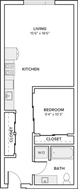 664-744 square foot one bed one bath floor plan in Seattle, WA