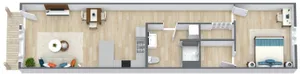 Chic 3D floor plan showcasing a welcoming living area, elegant dining space, modern kitchen, stylish bathroom, and cozy bedroom with workspace.