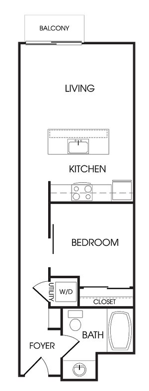 Modern floor plan showcasing a cozy 1-bedroom apartment with an open kitchen, spacious living area, and balcony.