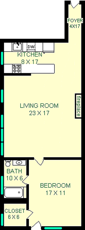 Walnut One Bedroom floorplan shows roughly 825 square feet with a bedroom, bathroom, living room, closet kitchen and foyer.