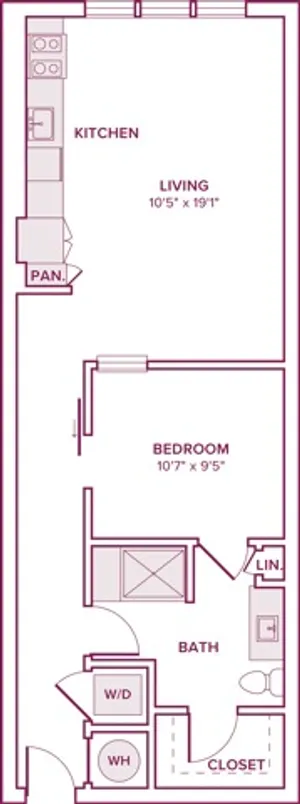 701 square foot one bedroom one bath apartment floor plan in Houston, TX