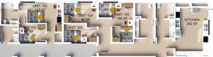 Chic floor plan showcasing multiple units with varied square footage and a spacious kitchen at 262 SF.