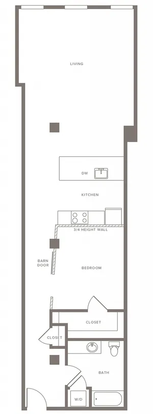 Modern apartment floor plan with open living space, kitchen, barn door bedroom, bathroom, and ample closet storage.