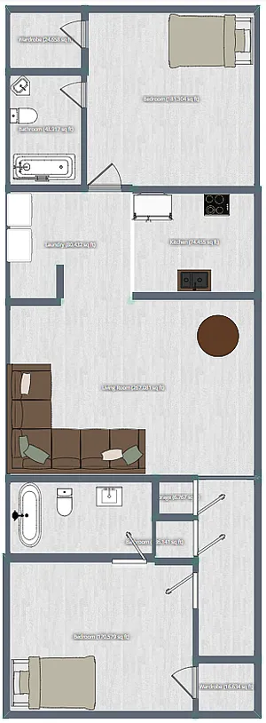 Sophisticated 2D floor plan showcasing 2 spacious bedrooms, modern kitchen, cozy living room, and convenient laundry area.