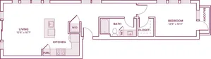 880 square foot one bedroom one bath apartment floor plan in Houston, TX