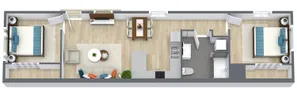 Modern apartment floor plan showcasing two spacious bedrooms, an elegant open living area with stylish furnishings, and a contemporary kitchen.