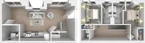 Modern 3D floor plan showcasing an elegant two-story apartment with an open-concept living area, cozy kitchen, two spacious bedrooms, and a stylish bathroom. Perfect for contemporary living.